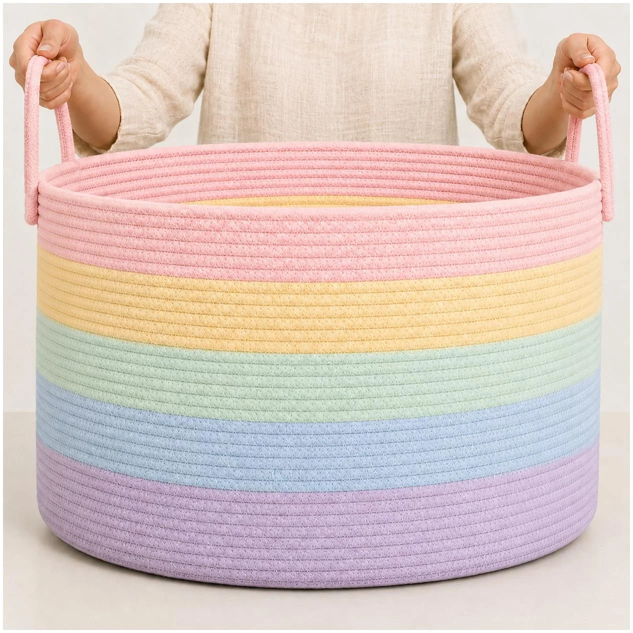 Discount OrganiHaus Round Toy Basket & Blanket Basket, Cotton Rope 20×13, Full Honey, Round Cotton Rope Basket, 20×13