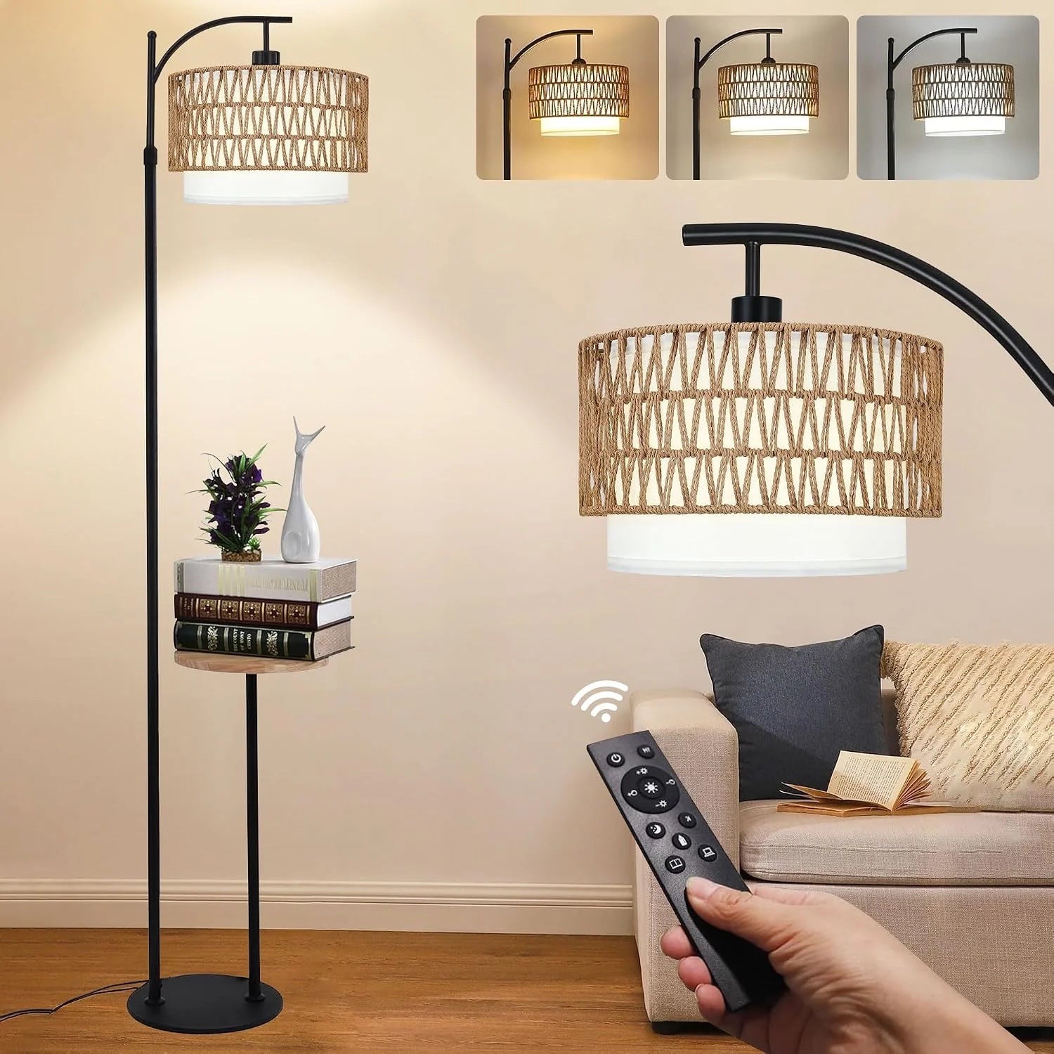 Discount Floor Lamp for Living Room Rattan Boho Floor Lamp with Remote Control, Dimmable, 3-Color Temperature - Image 8