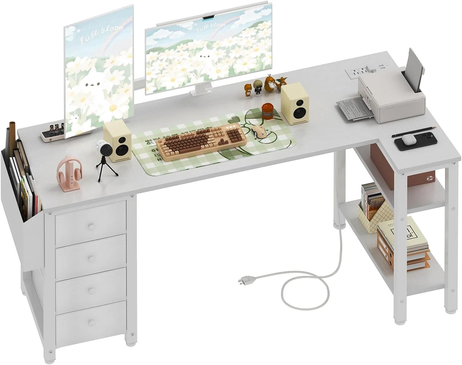Discount Lufeiya White L Shaped Computer Desk with Drawers & Storage Shelves, 47 Inch Corner Reversible Desk with Power Outlet - Image 5