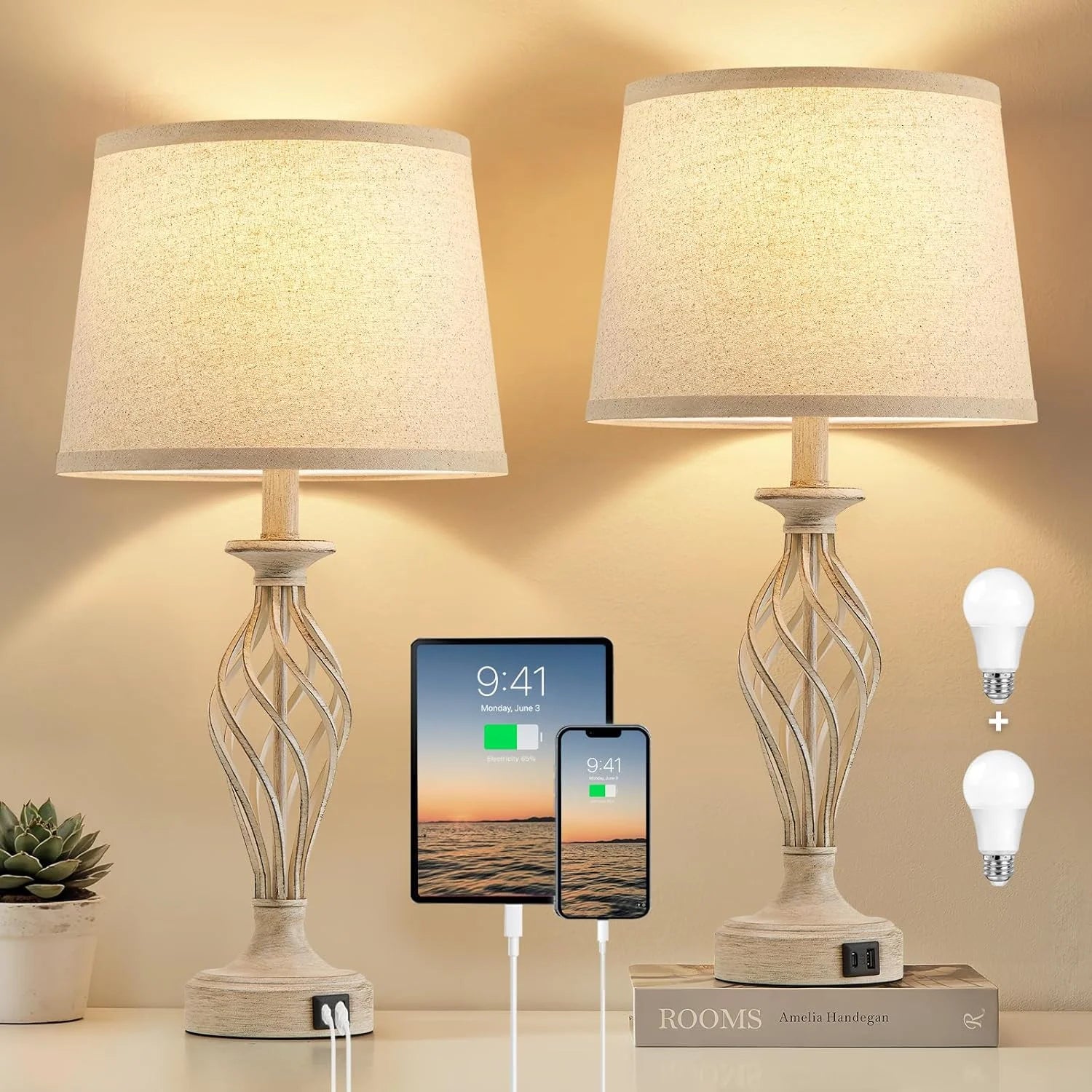 Discount Lamp for Bedroom Set of 2 with USB C+A Ports, Bulb Included, Modern Bedside Lamps with Spiral Cage Base - Image 7