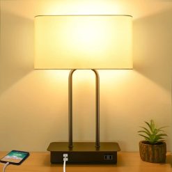 Discount Dimmable Touch Control Table Lamp with 2 USB Ports and AC Power Outlet Modern Bedside Nightstand Lamp Fabric