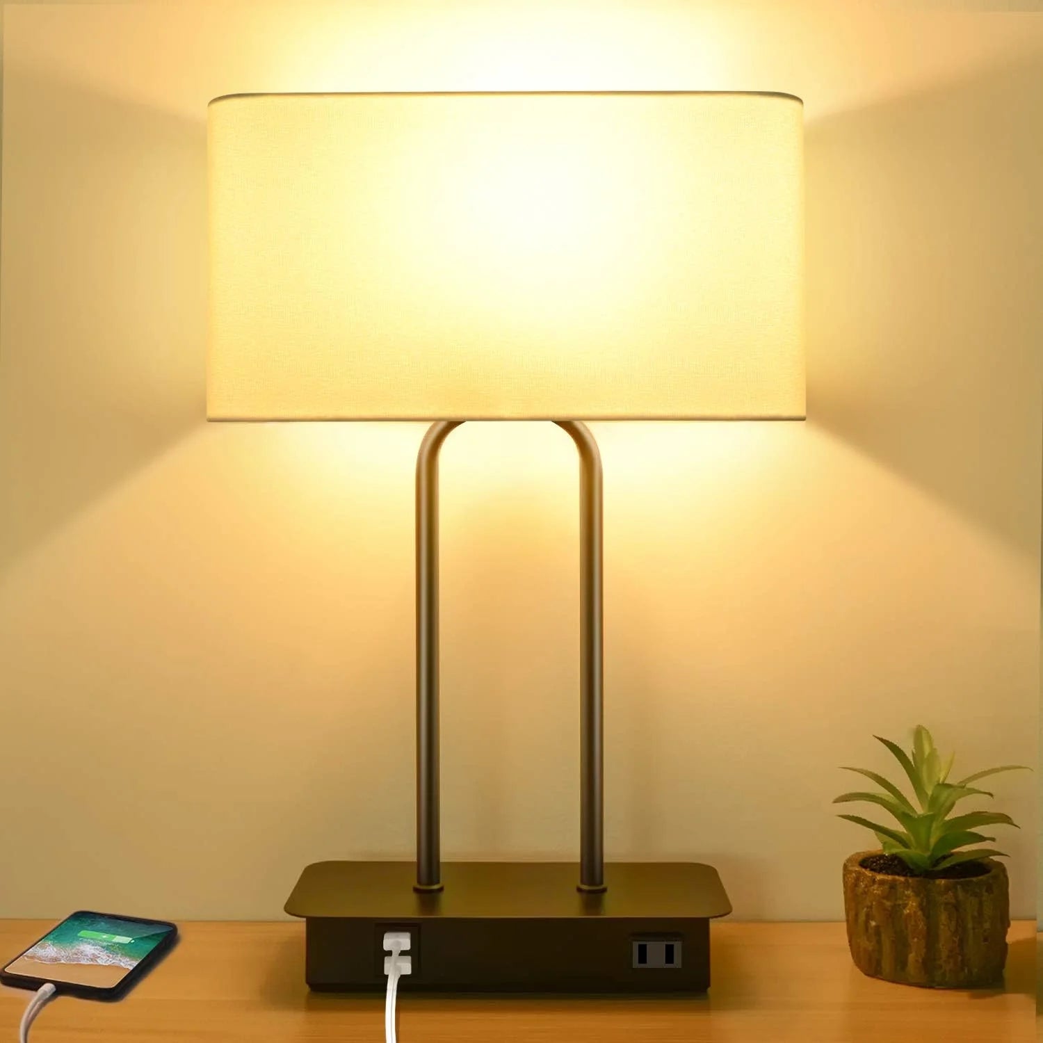 Discount Dimmable Touch Control Table Lamp with 2 USB Ports and AC Power Outlet Modern Bedside Nightstand Lamp Fabric