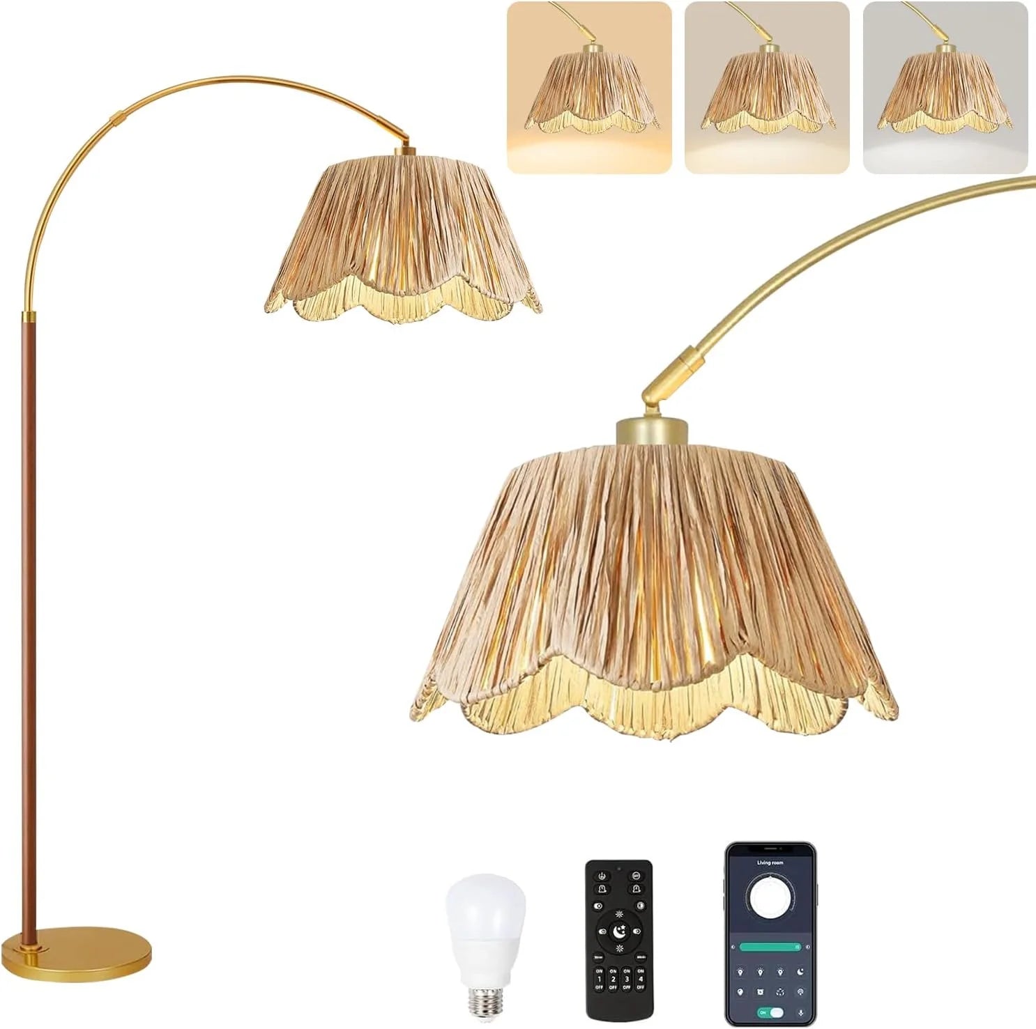 Discount Floor Lamp for Living Room Rattan Boho Floor Lamp with Remote Control, Dimmable, 3-Color Temperature - Image 7