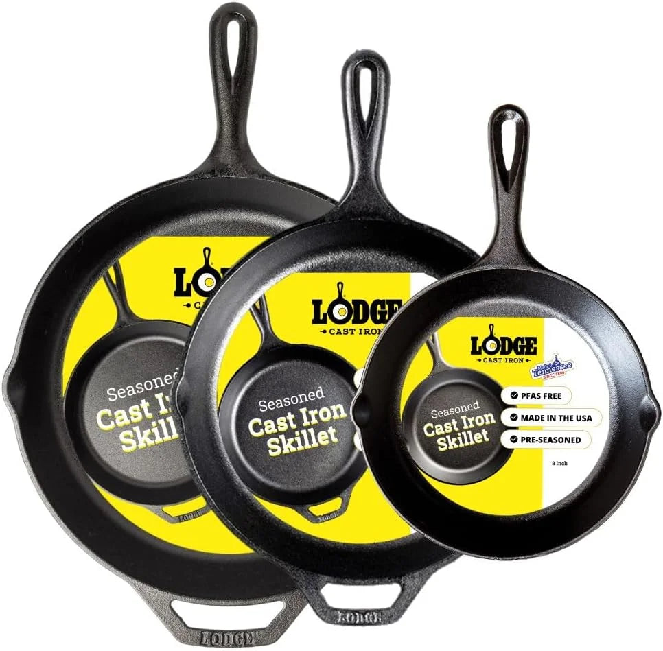 Discount Seasoned Cast Iron Skillet Set 8, 10.25 & 12 Inches