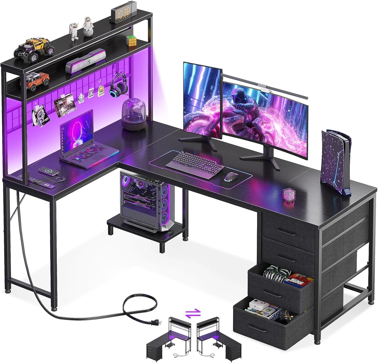 Discount L Shaped Desk Gaming Desk with LED Light & Power Outlet, 53 Inch Black Reversible L Shaped Computer Table - Image 5