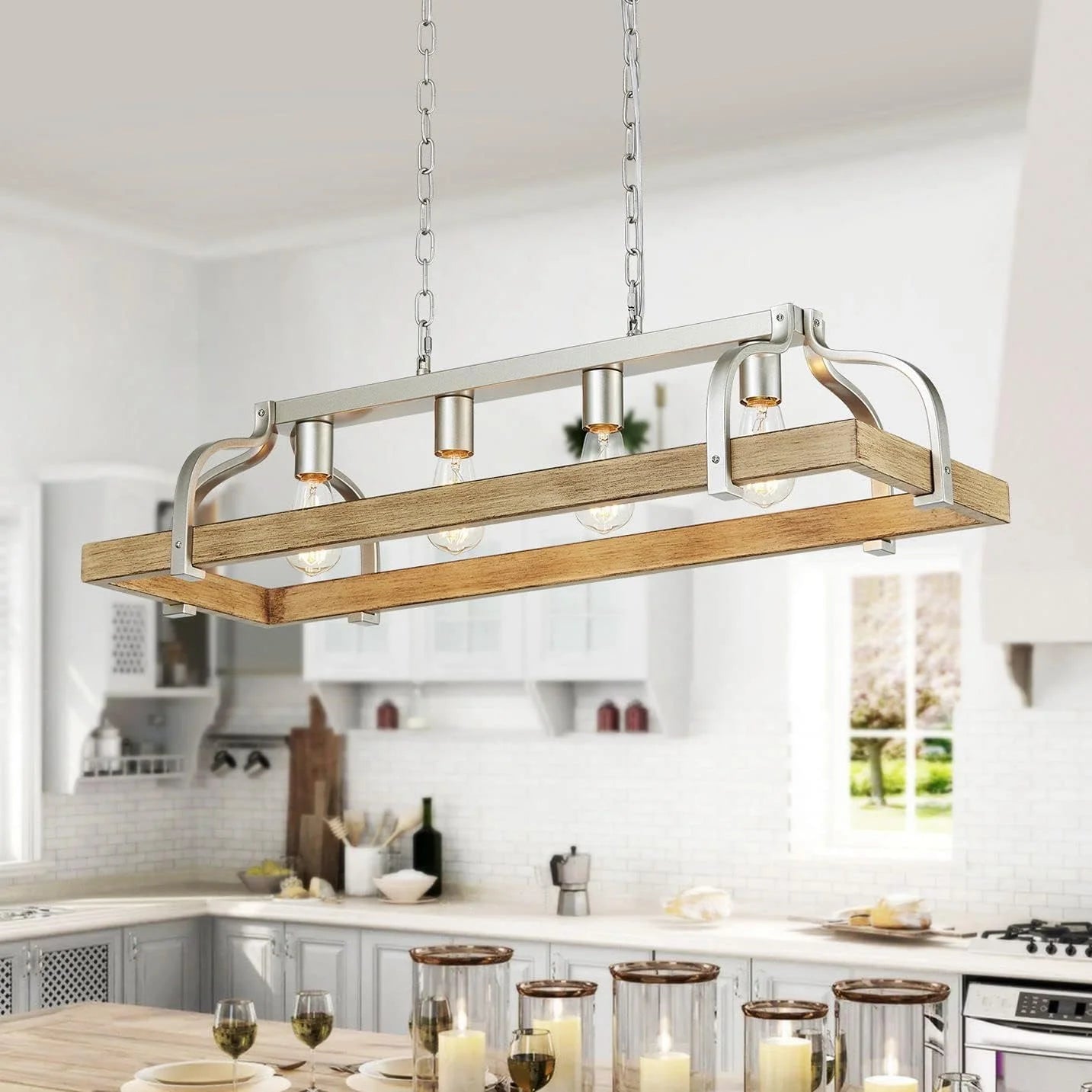Discount 5-Light Metal Chandelier Imitation Wood Grain Linear Pendant Ceiling Lighting Rustic Farmhouse Fixture Kitchen - Image 3
