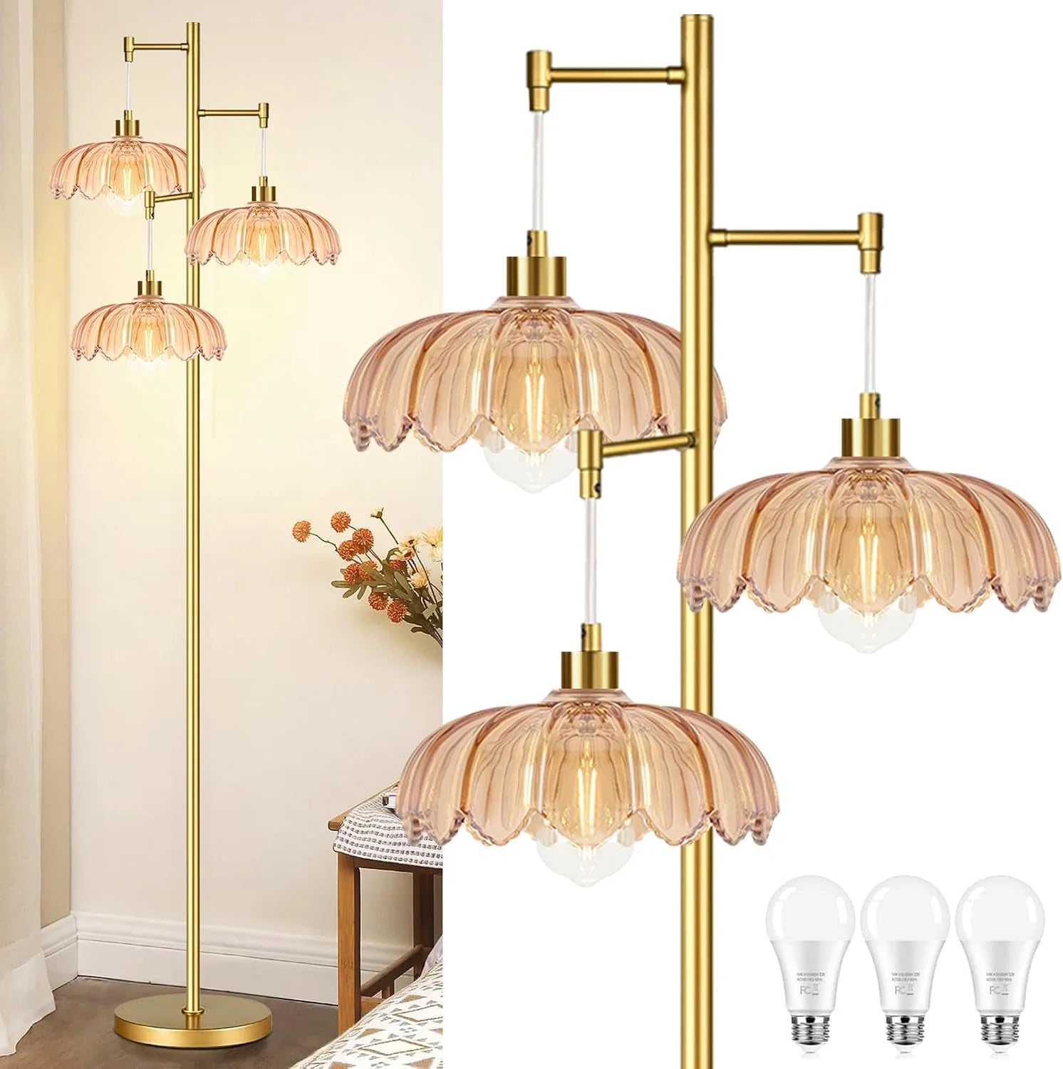Discount ZECOXOL Vintage Floor Lamp for Living Room Bedroom-3 Light Glass Floor Lamp with Three Led Bulb - Image 17