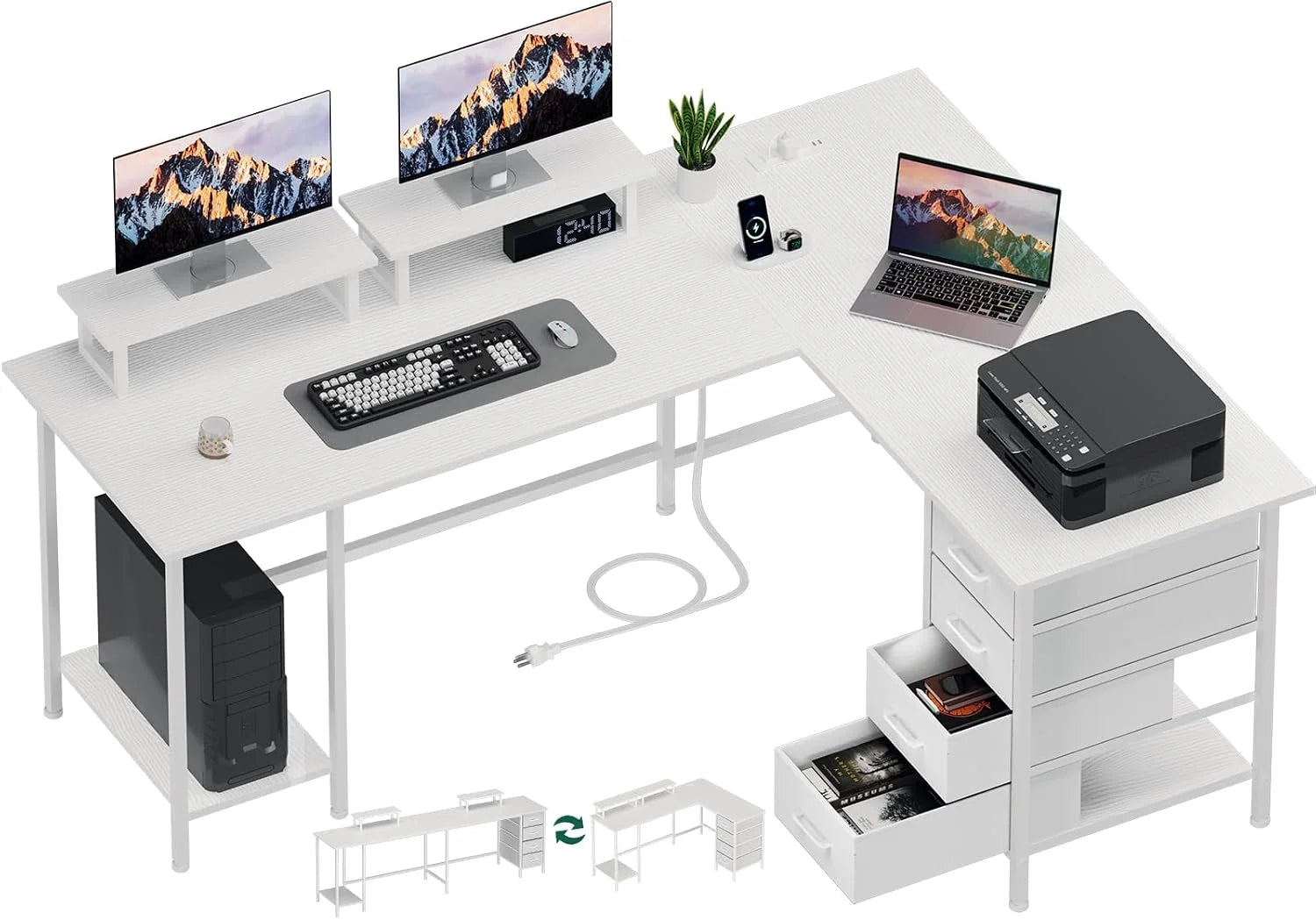Discount Korfile 59 inch L Shaped Computer Desk with Power Outlets, Home Office Desk with 4 Adjustable Storage Drawers & 2 - Image 3