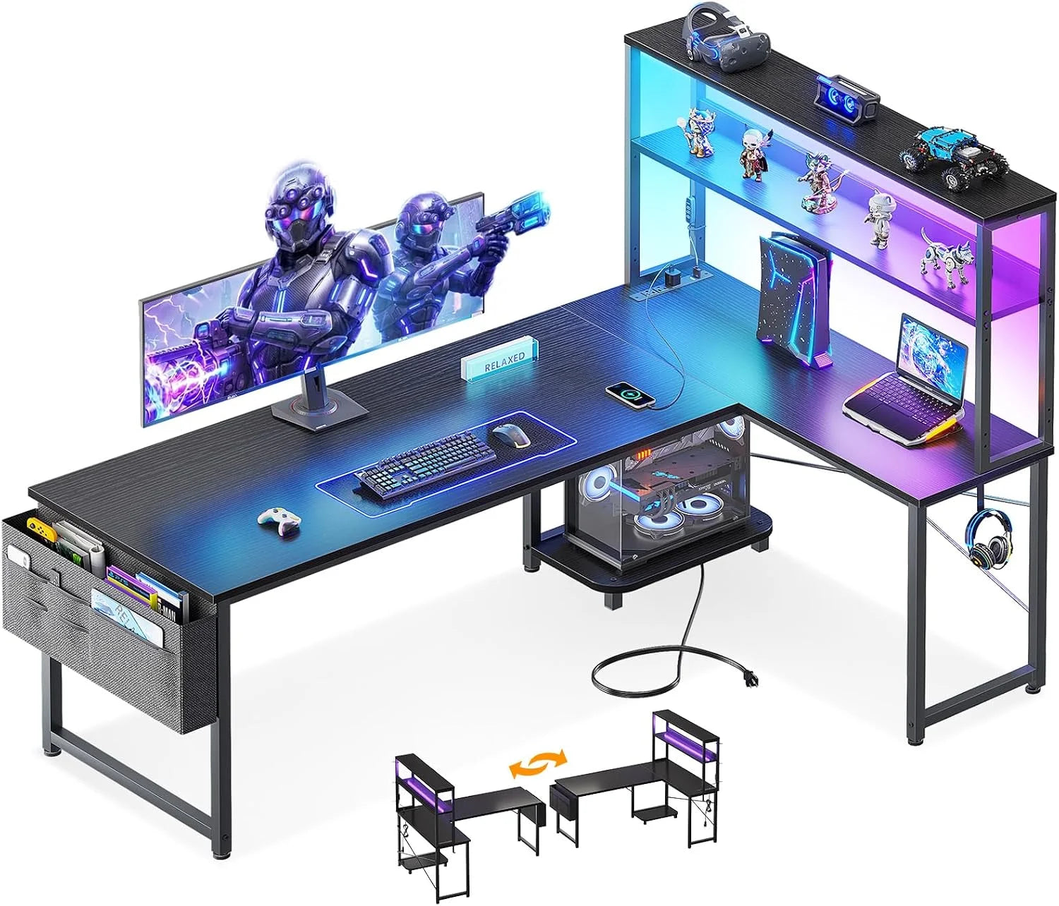 Discount 53 L Shaped Gaming Desk with Shelves, LED & Outlets
