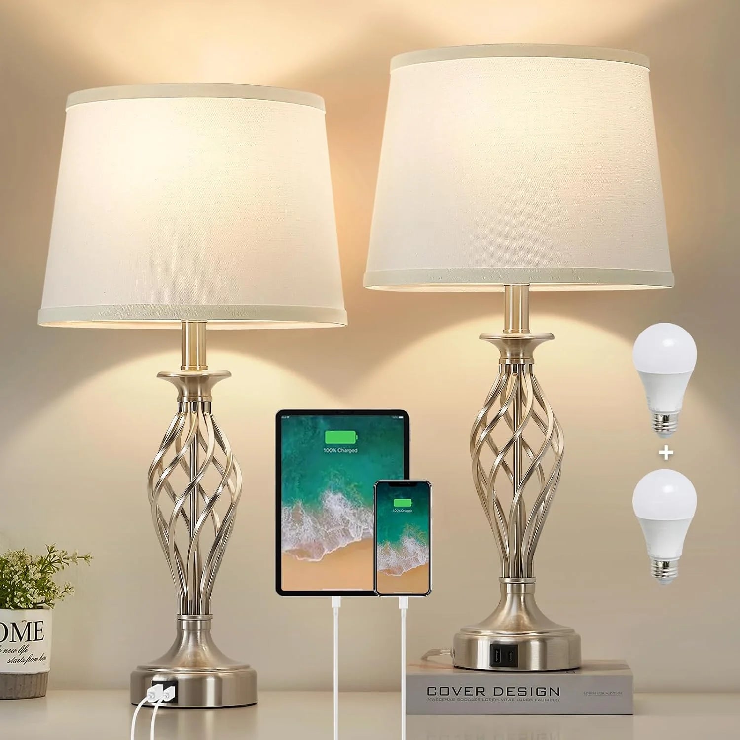 Discount Lamp for Bedroom Set of 2 with USB C+A Ports, Bulb Included, Modern Bedside Lamps with Spiral Cage Base