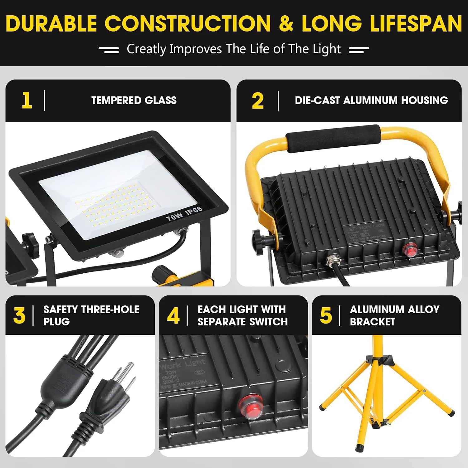 Discount 21000Lumen LED Work Lights with Stand, 3 Head Portable Work Light with 16FT Cord, IP66 Waterproof Tripod - Image 6