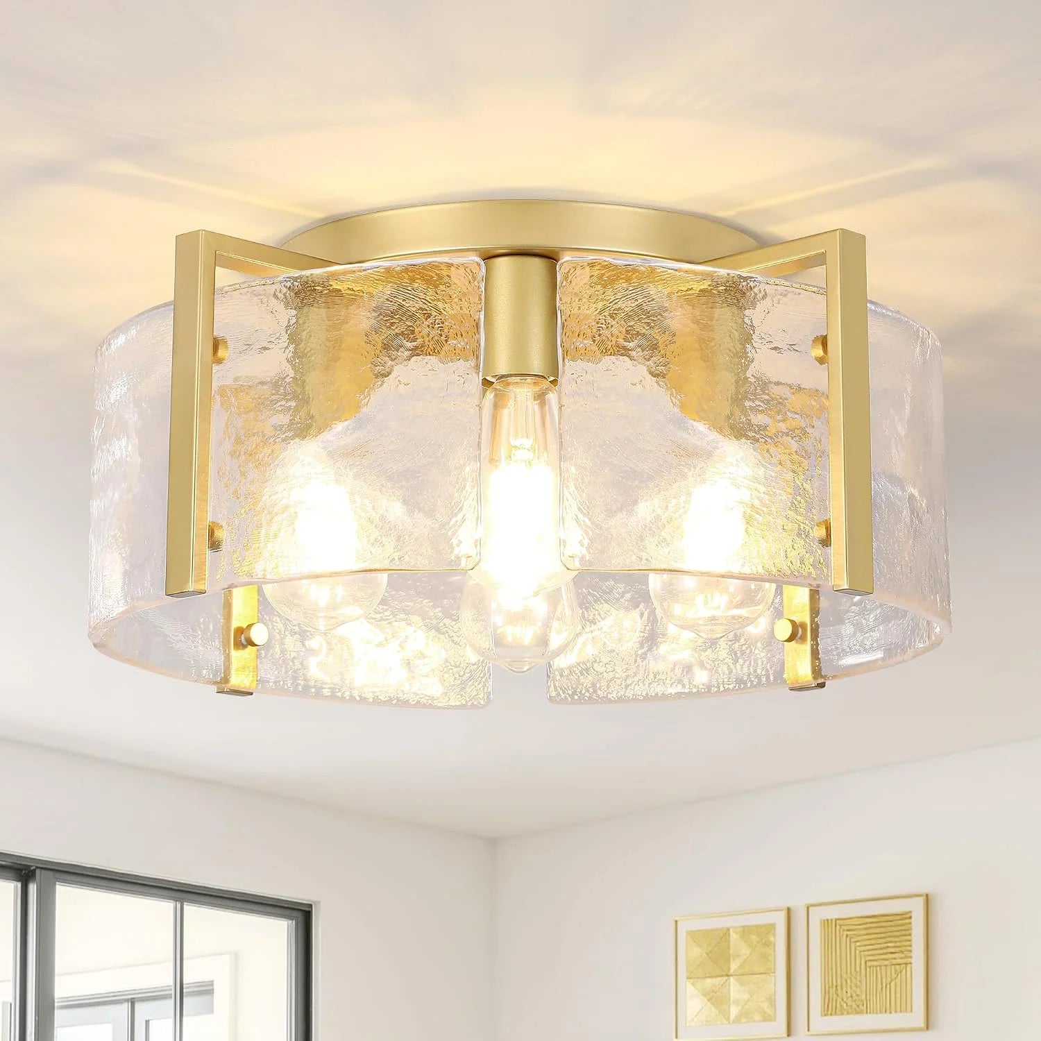 Discount Modern Gold Semi Flush Mount Ceiling Light, Dimmable, 3-Light Farmhouse Glass Drum Light Fixture - Image 6