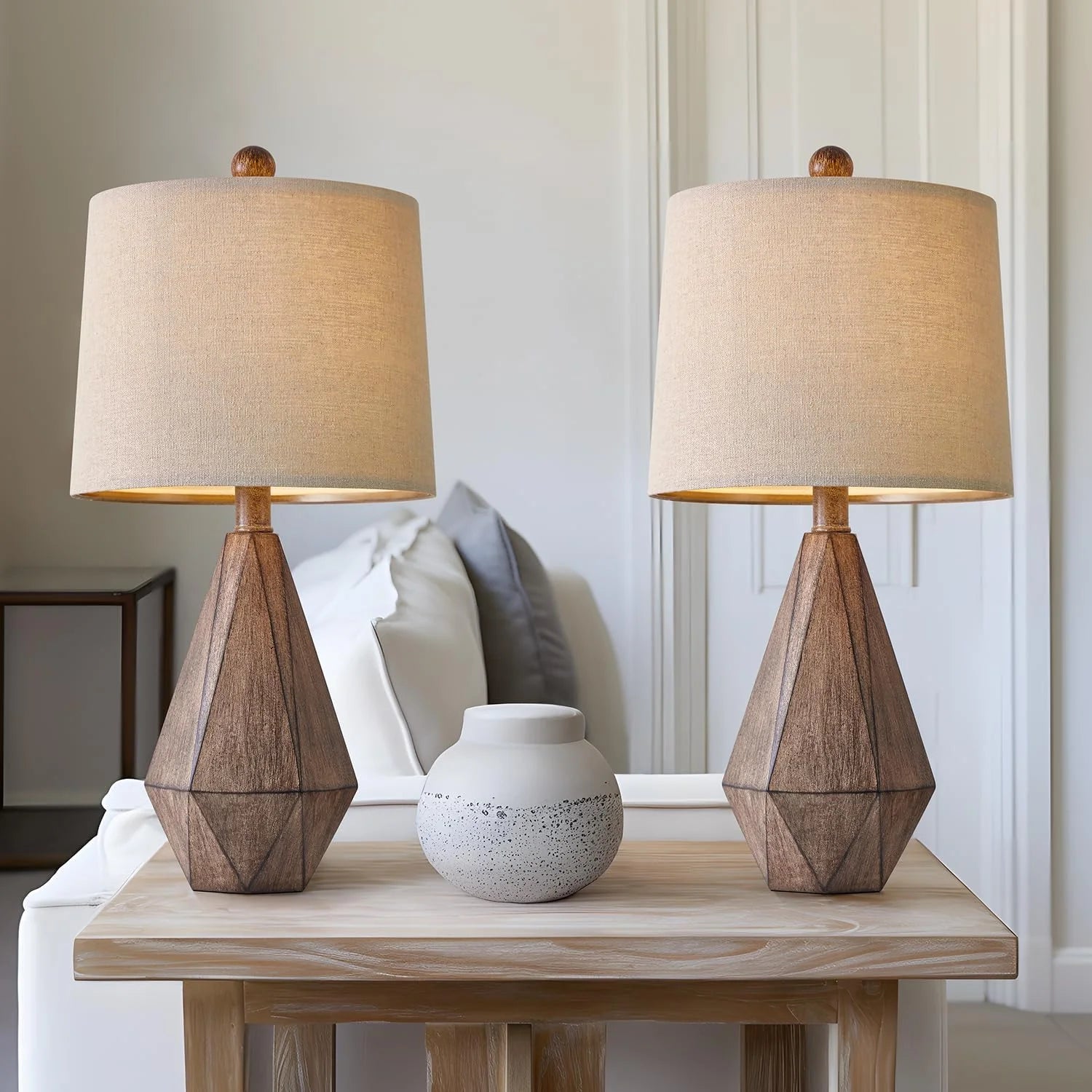 Discount PoKat 20.25" Retro Farmhouse Table Lamp Set of 2, Living Room & Bedroom Rustic Linen Bedside Nightstand Lamps for Kids - Image 4