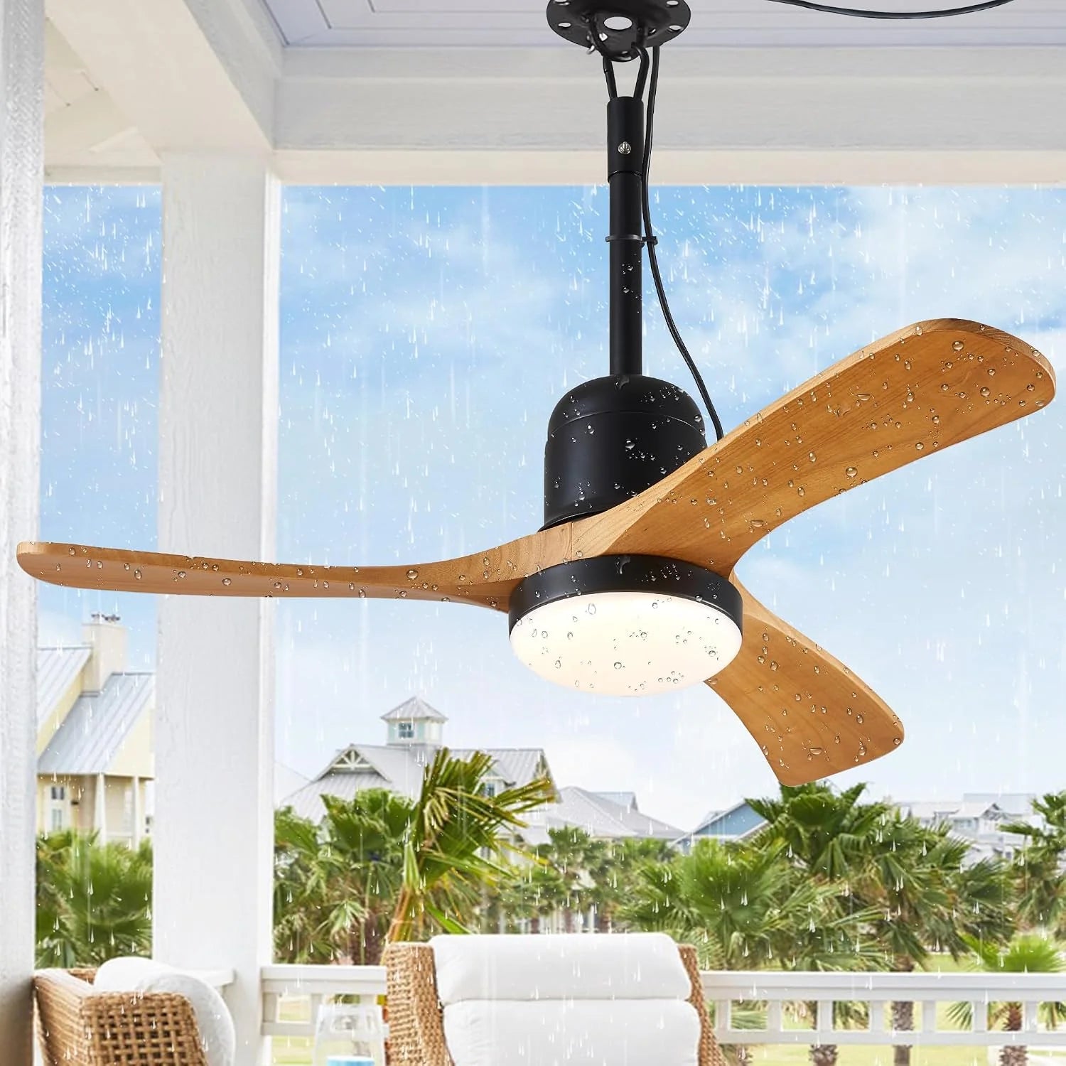 Discount 3 Blades Wood Outdoor Ceiling Fan with Light for Patios, Farmhouse Rustic Ceiling Fans with Lights - Image 3