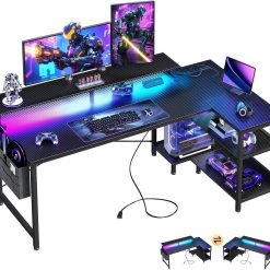 Discount 48 Inch Gaming Desk with USB Charging Ports and LED Lights, Reversible L Shaped Computer Desk with Storage Shelves