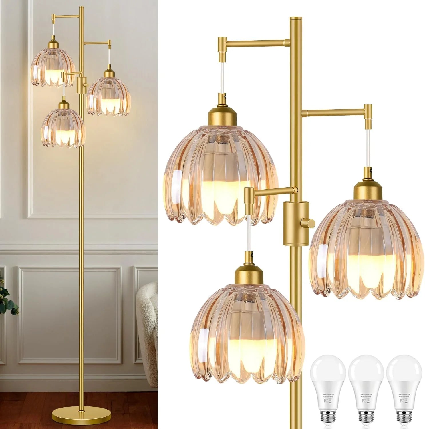 Discount ZECOXOL Vintage Floor Lamp for Living Room Bedroom-3 Light Glass Floor Lamp with Three Led Bulb - Image 10
