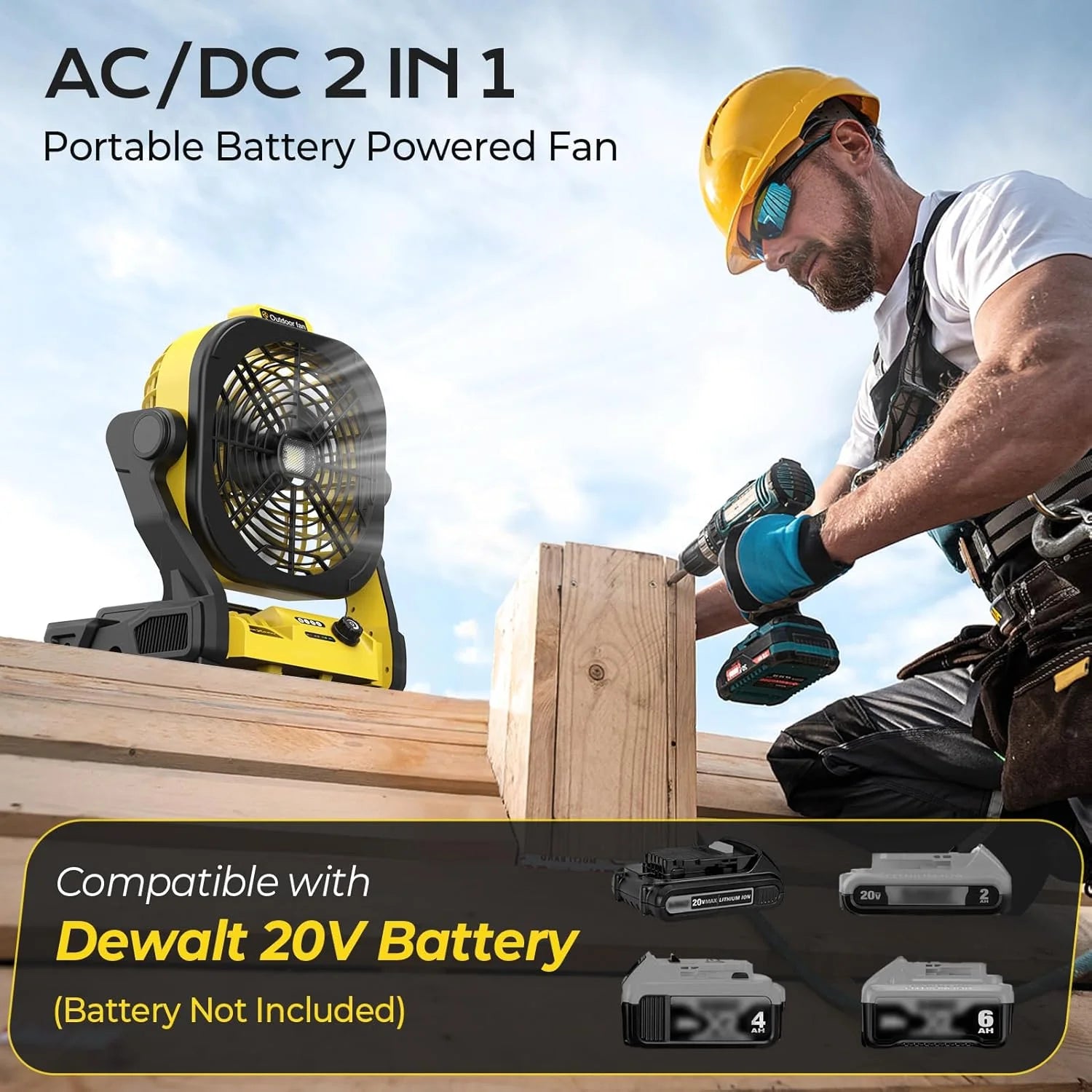 Discount Battery Operated Fan for Dewalt 20V Max battery, Portable Fan with AC Adapter & LED Lights, 4 Speeds & Hook - Image 3