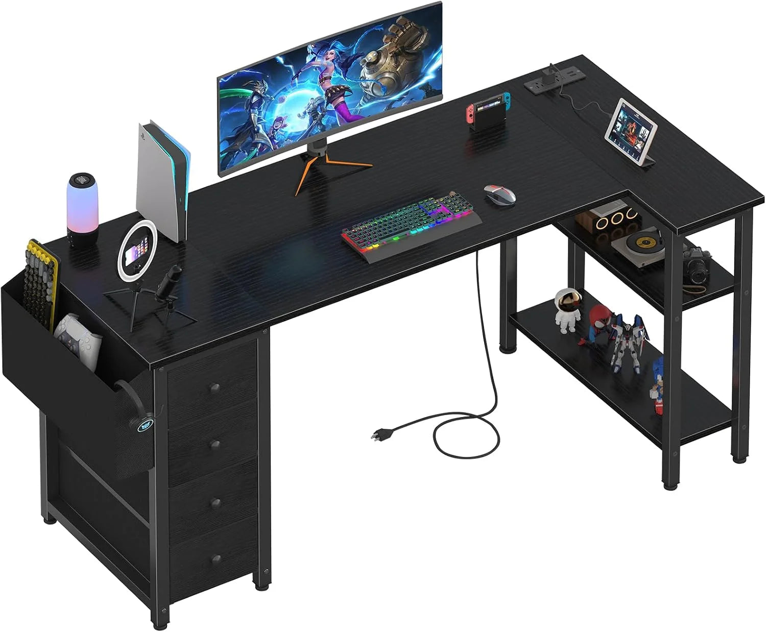 Discount Lufeiya White L Shaped Computer Desk with Drawers & Storage Shelves, 47 Inch Corner Reversible Desk with Power Outlet - Image 11