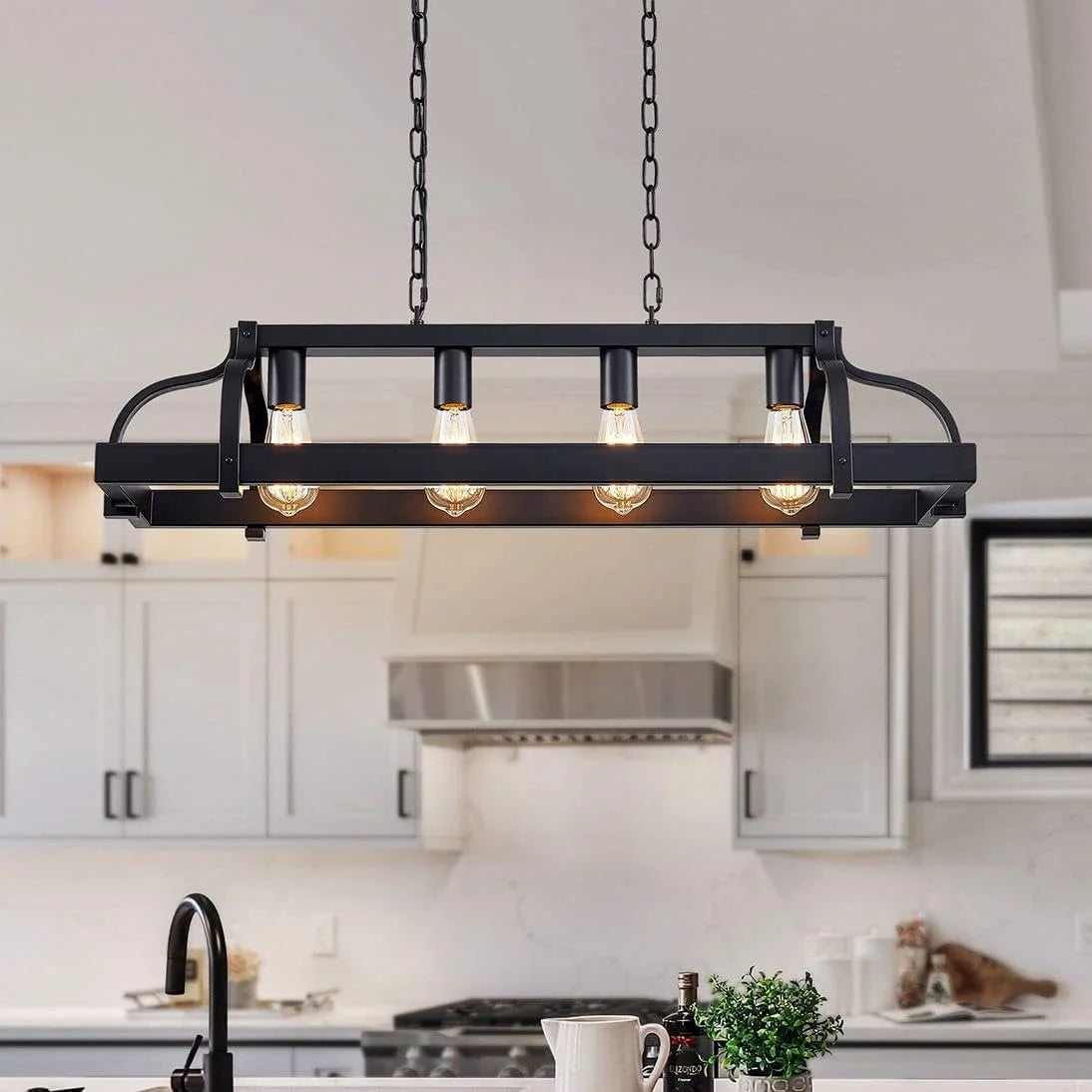 Discount 5-Light Metal Chandelier Imitation Wood Grain Linear Pendant Ceiling Lighting Rustic Farmhouse Fixture Kitchen - Image 10