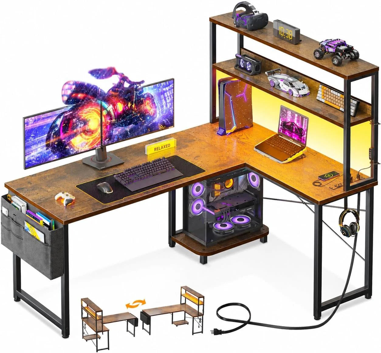 Discount 53 L Shaped Gaming Desk with Shelves, LED & Outlets - Image 5