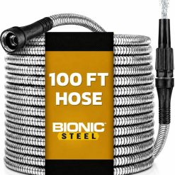 Discount STEEL 150 Ft Metal Garden Hose with Sprayer Nozzle, Non Kinking Design, Stainless Steel Heavy Duty Water Hose