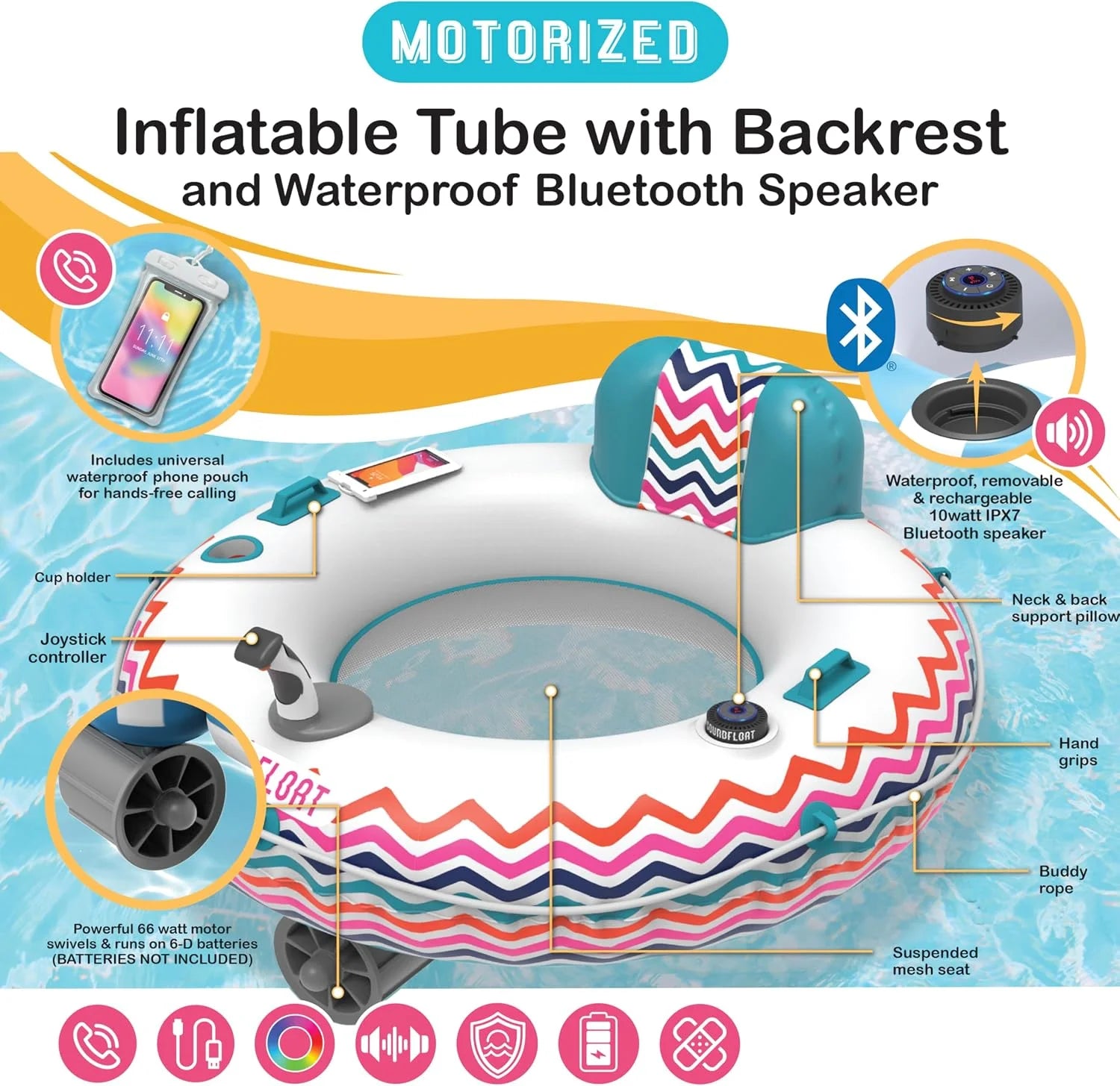 Discount Living Motorized Inflatable Pool Float Lounger Tube, Bluetooth 5 IPX7 Waterproof Speaker, 66W Motor - Image 2