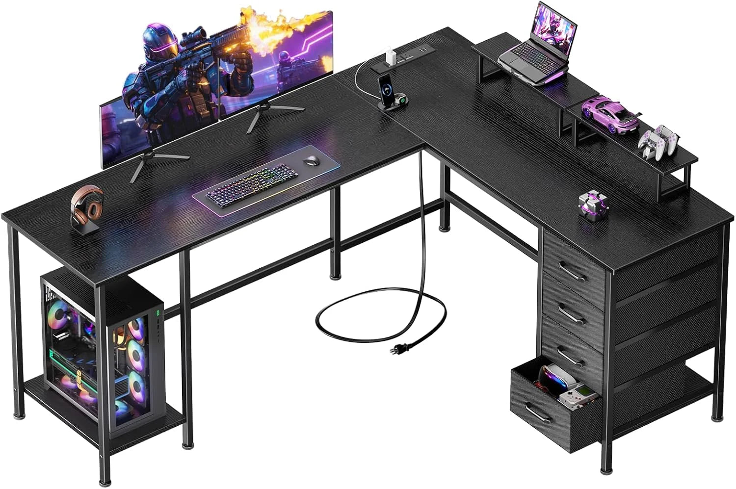 Discount Korfile 59 inch L Shaped Computer Desk with Power Outlets, Home Office Desk with 4 Adjustable Storage Drawers & 2 - Image 2