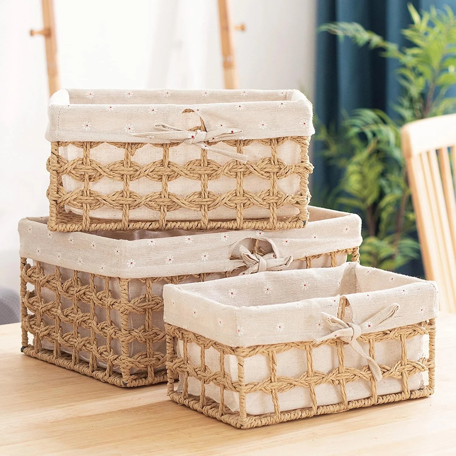 Discount Small Wicker Woven Storage Baskets for Organizng with Liners, Set of 3, Braided Paper Rope, Decorative Cute - Image 3