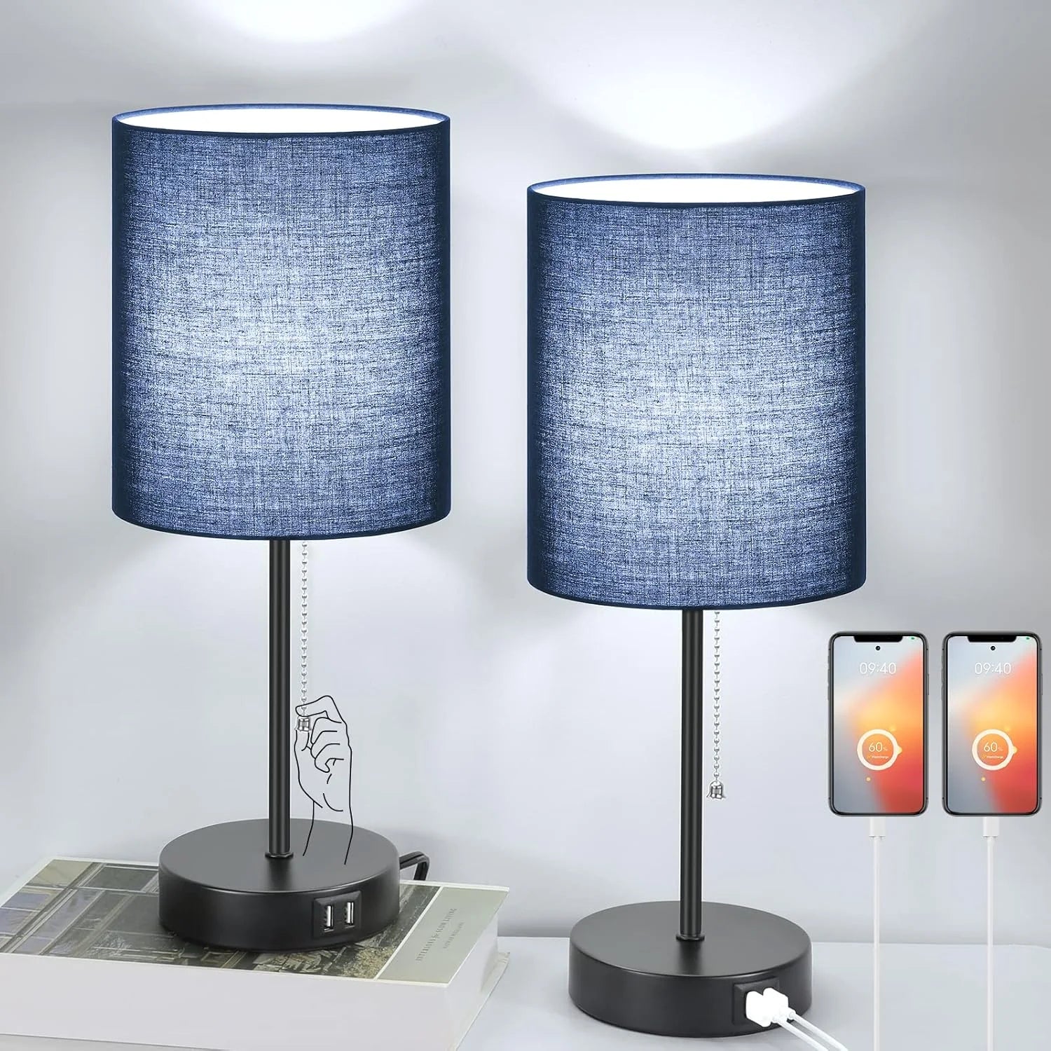 Discount 17.3" Table Lamps Set of 2 with 2 USB & AC Outlet, Pull Chain - Image 4