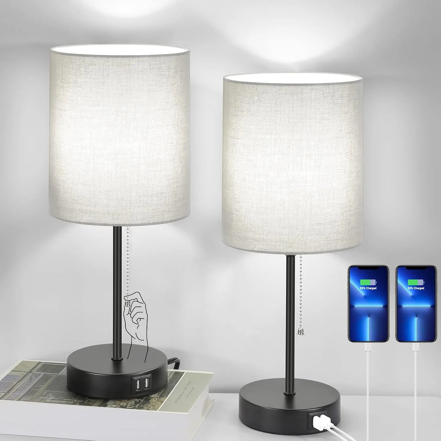 Discount 17.3" Table Lamps Set of 2 with 2 USB & AC Outlet, Pull Chain - Image 2