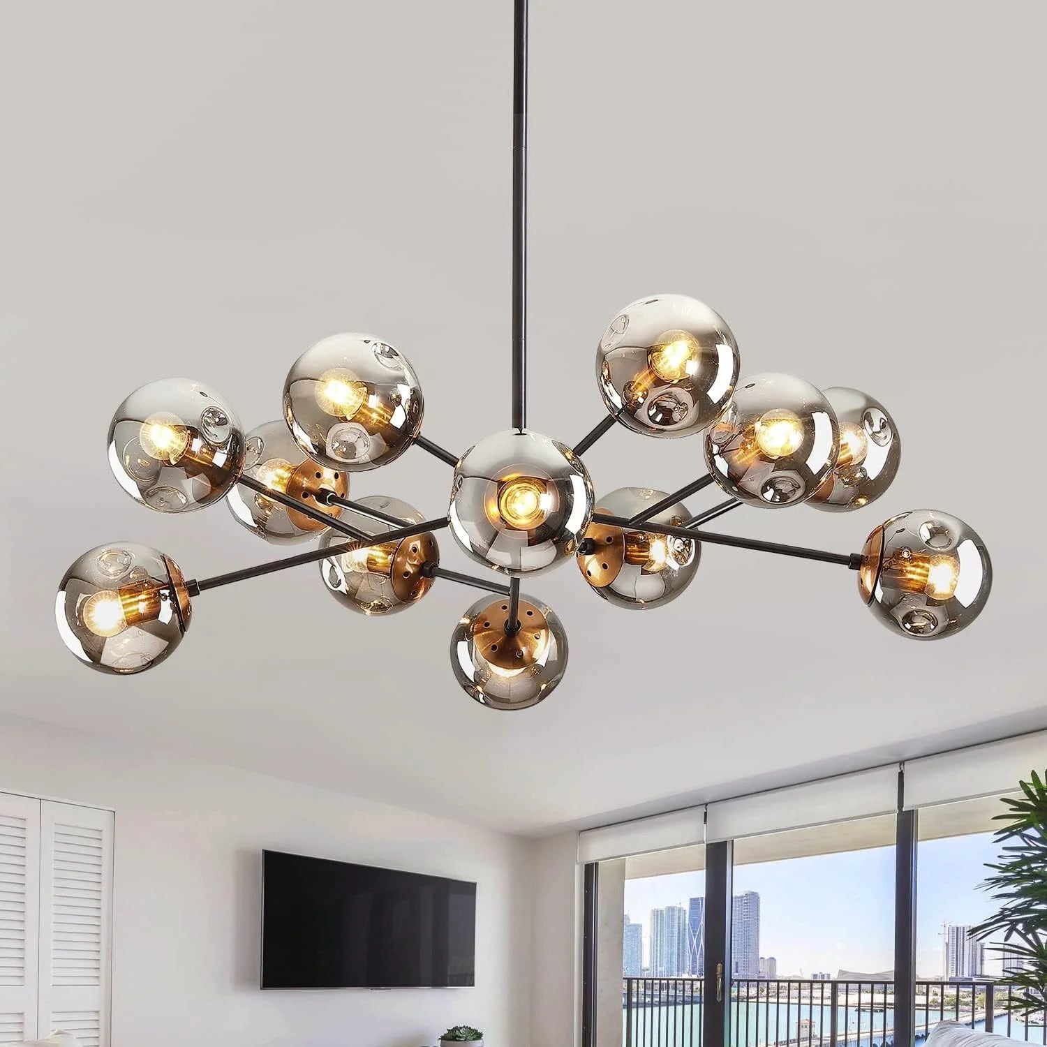 Discount 6-Light Glass Globe Sputnik Chandelier Modern Matte Black and Gold Ceiling Light Fixture Vintage Hanging - Image 2