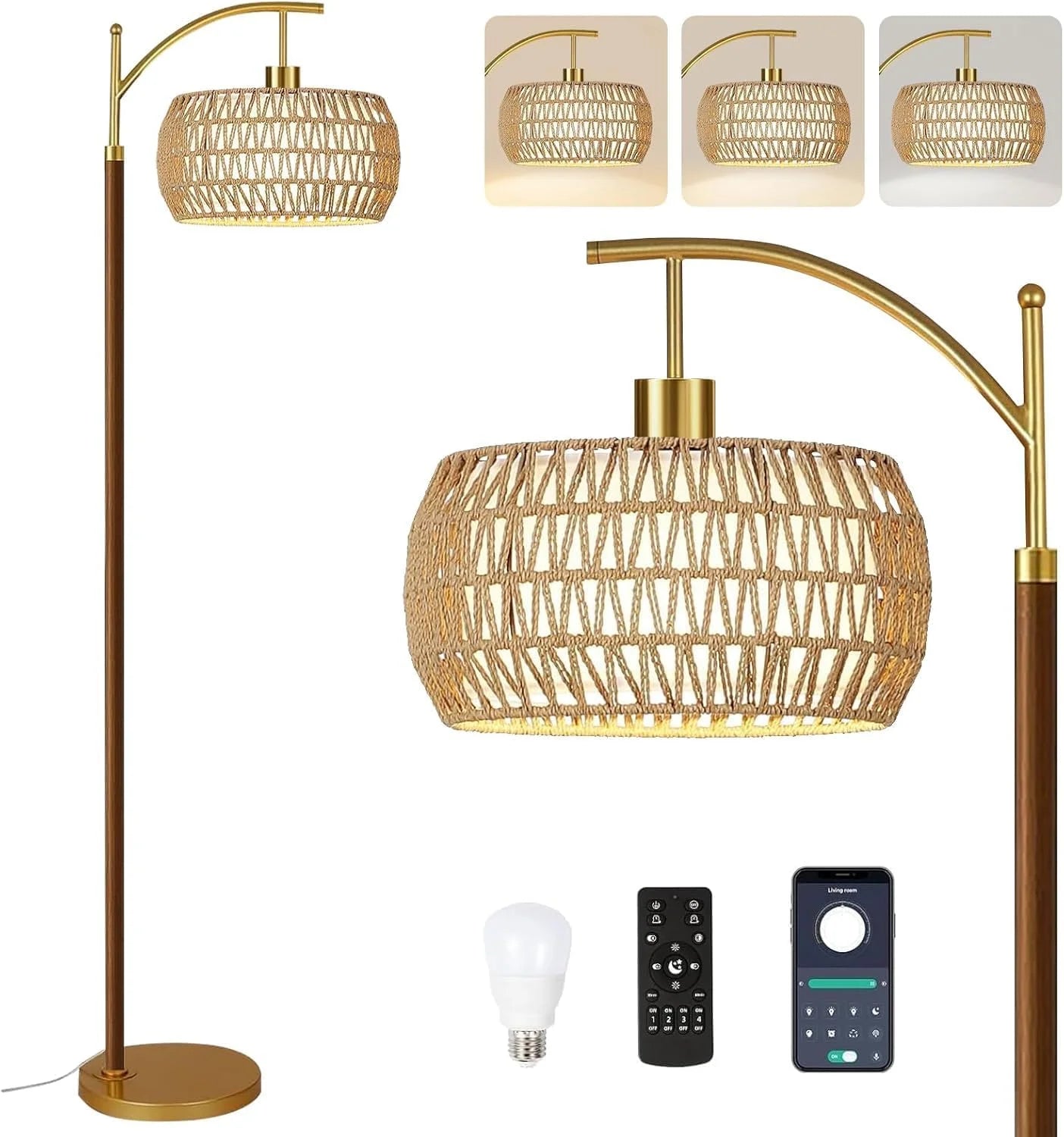 Discount Floor Lamp for Living Room Rattan Boho Floor Lamp with Remote Control, Dimmable, 3-Color Temperature - Image 10