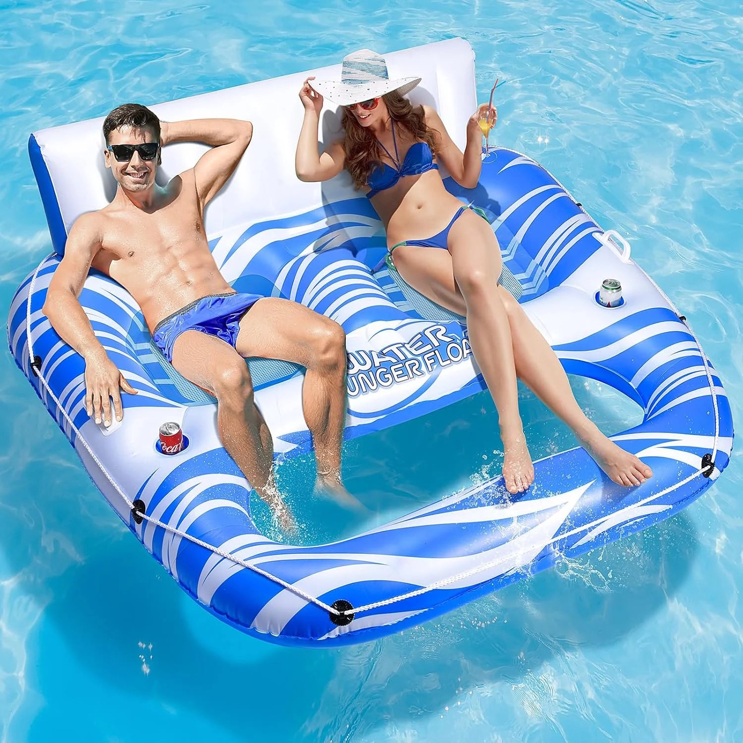 Discount Inflatable Pool Floats Adults, Large Pool Lounger Chair Floaties with Cup Holders Backrest Footrest