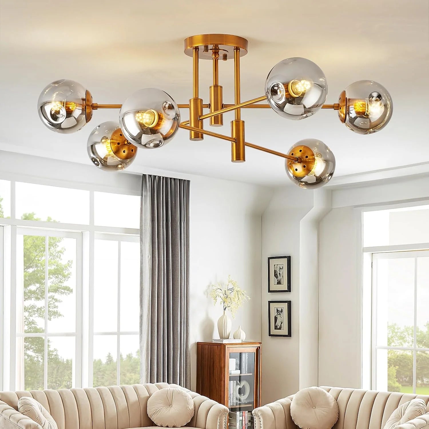 Discount 6-Light Glass Globe Sputnik Chandelier Modern Matte Black and Gold Ceiling Light Fixture Vintage Hanging - Image 6