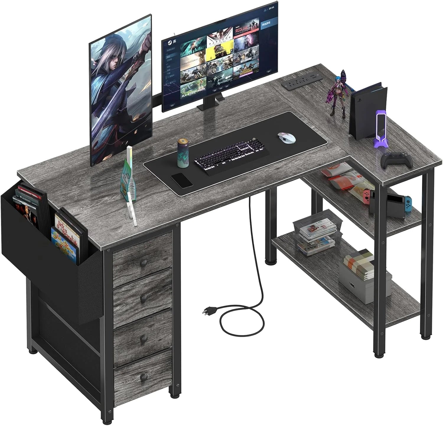 Discount Lufeiya White L Shaped Computer Desk with Drawers & Storage Shelves, 47 Inch Corner Reversible Desk with Power Outlet - Image 10