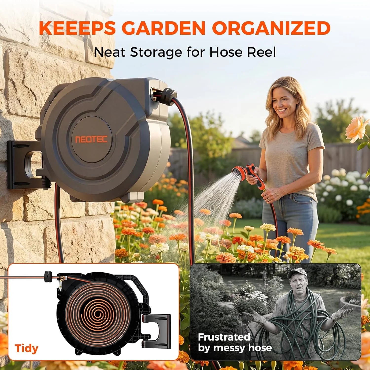 Discount Retractable Garden Hose Reel 5/8 inch x 100 ft Wall-Mounted 9 Pattern Nozzle Any Length Lock Automatic Slow - Image 2