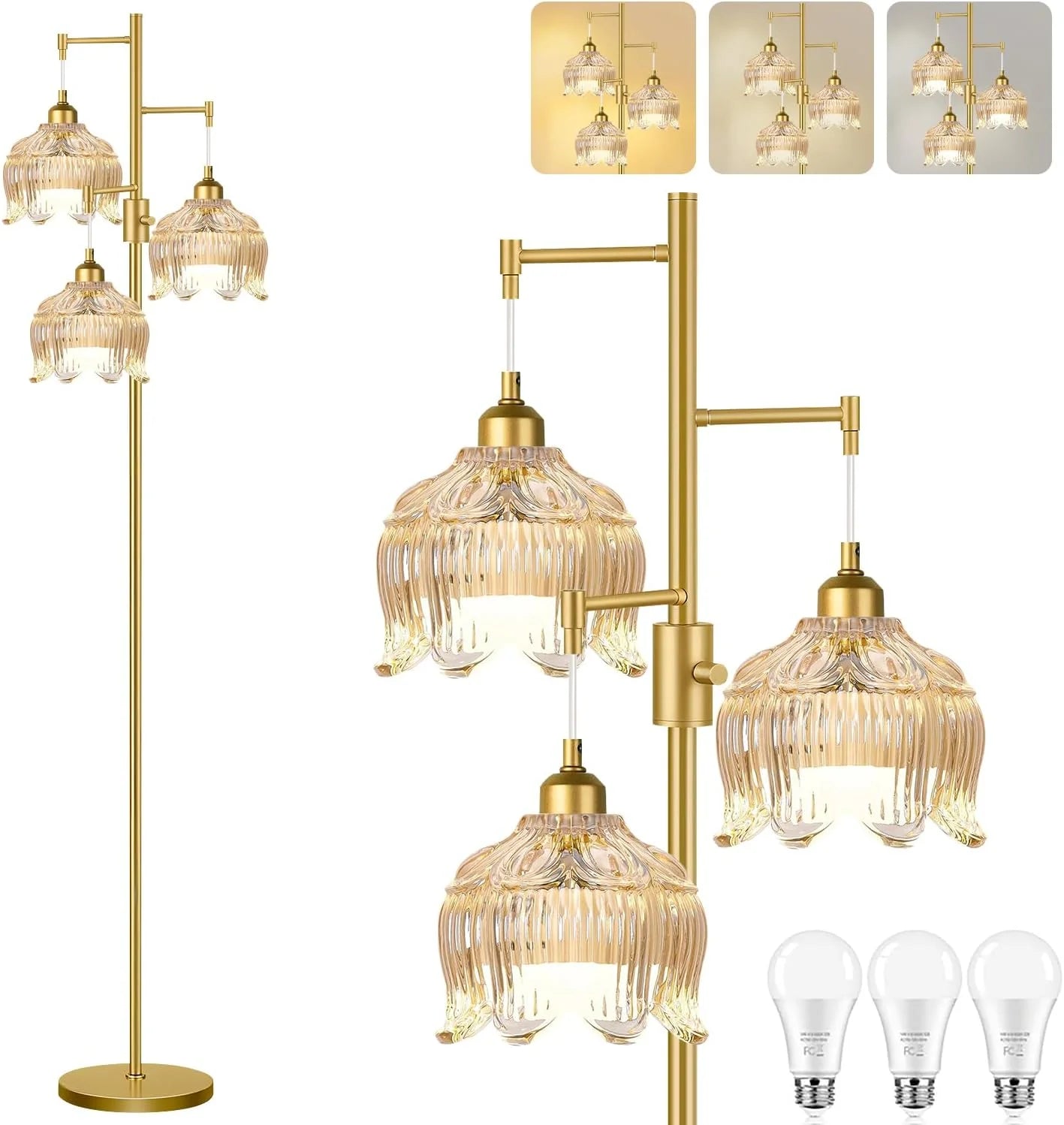 Discount ZECOXOL Vintage Floor Lamp for Living Room Bedroom-3 Light Glass Floor Lamp with Three Led Bulb - Image 3