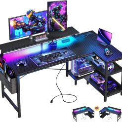 Alternative view of Discount 48 Inch Gaming Desk with USB Charging Ports and LED Lights, Reversible L Shaped Computer Desk with Storage Shelves