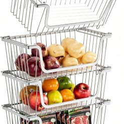Discount Stackable Wire Baskets Pantry Organizers and Storage Bins, Black, Breathable Metal Design with Rotating