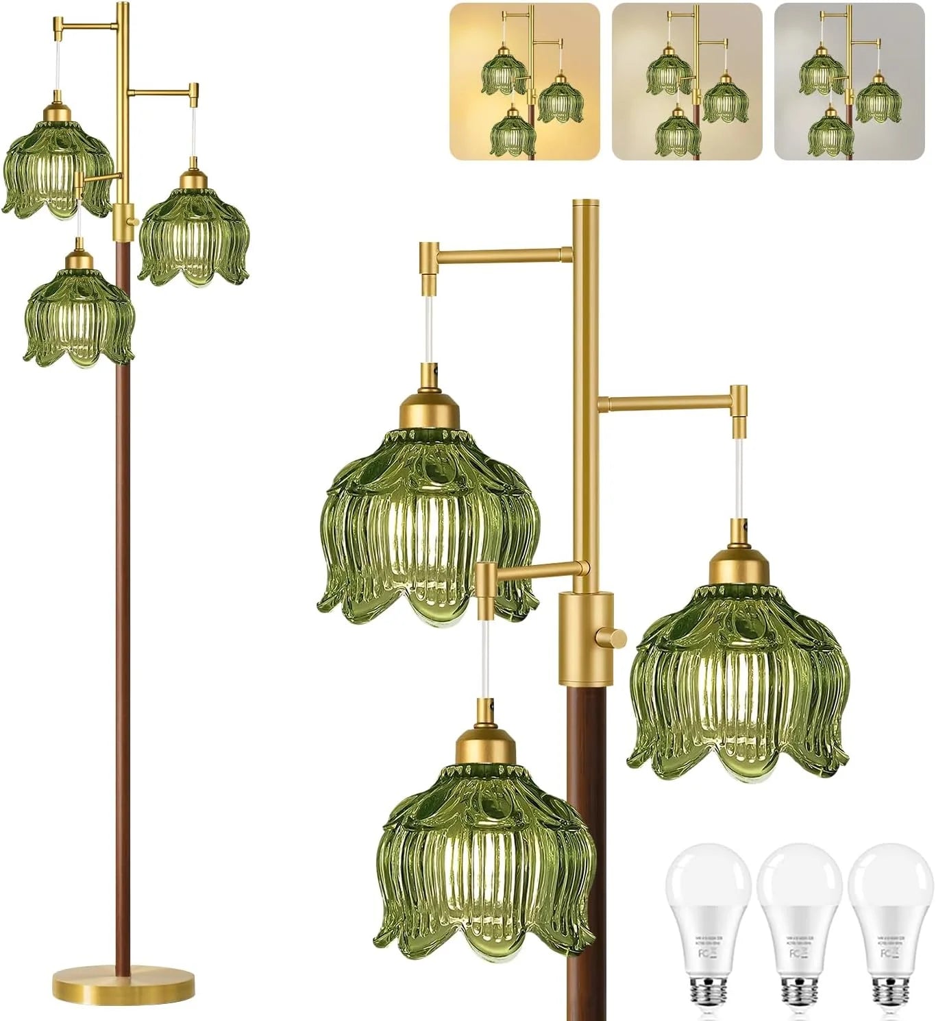 Discount ZECOXOL Vintage Floor Lamp for Living Room Bedroom-3 Light Glass Floor Lamp with Three Led Bulb - Image 8