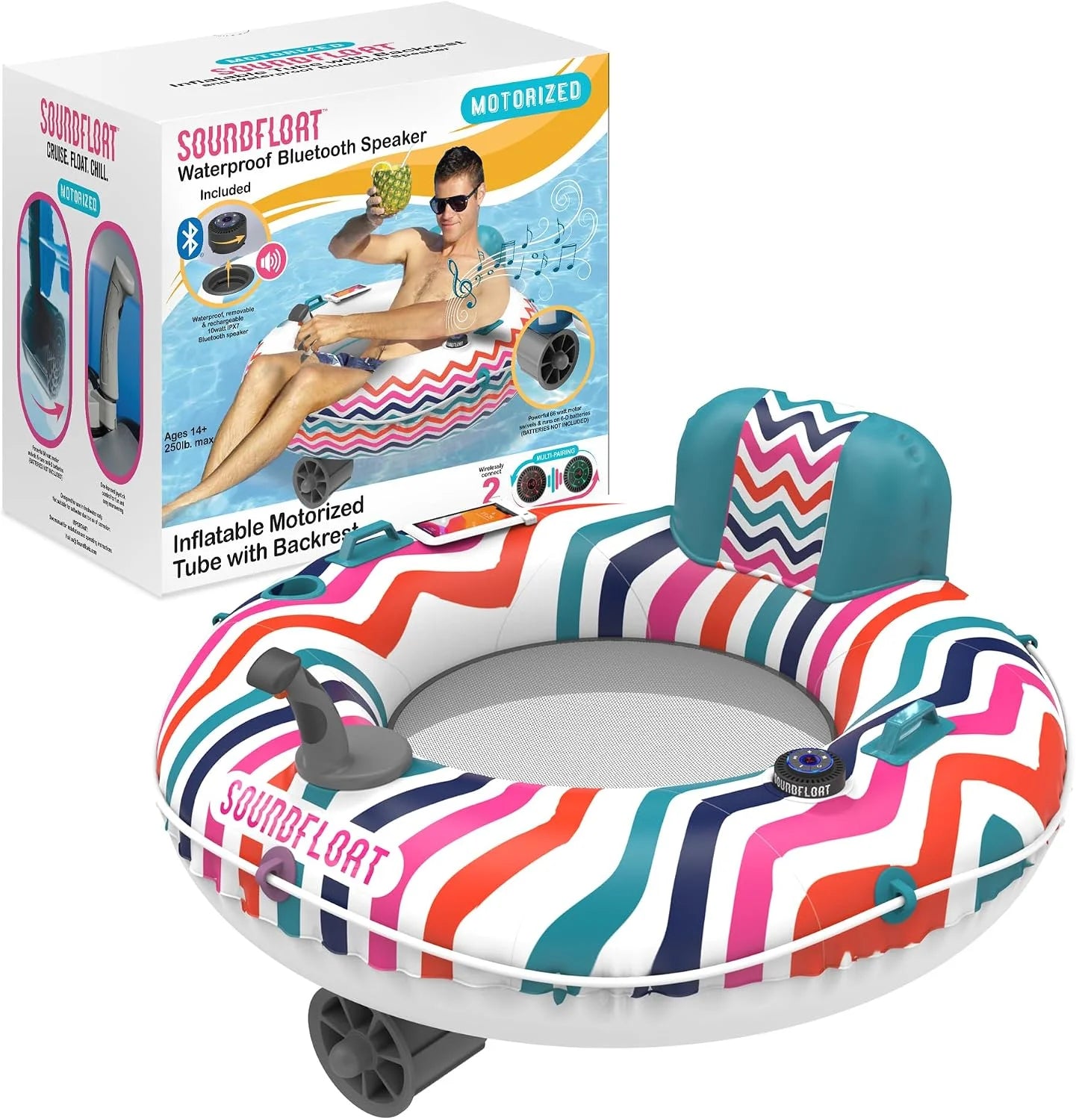 Discount Living Motorized Inflatable Pool Float Lounger Tube, Bluetooth 5 IPX7 Waterproof Speaker, 66W Motor