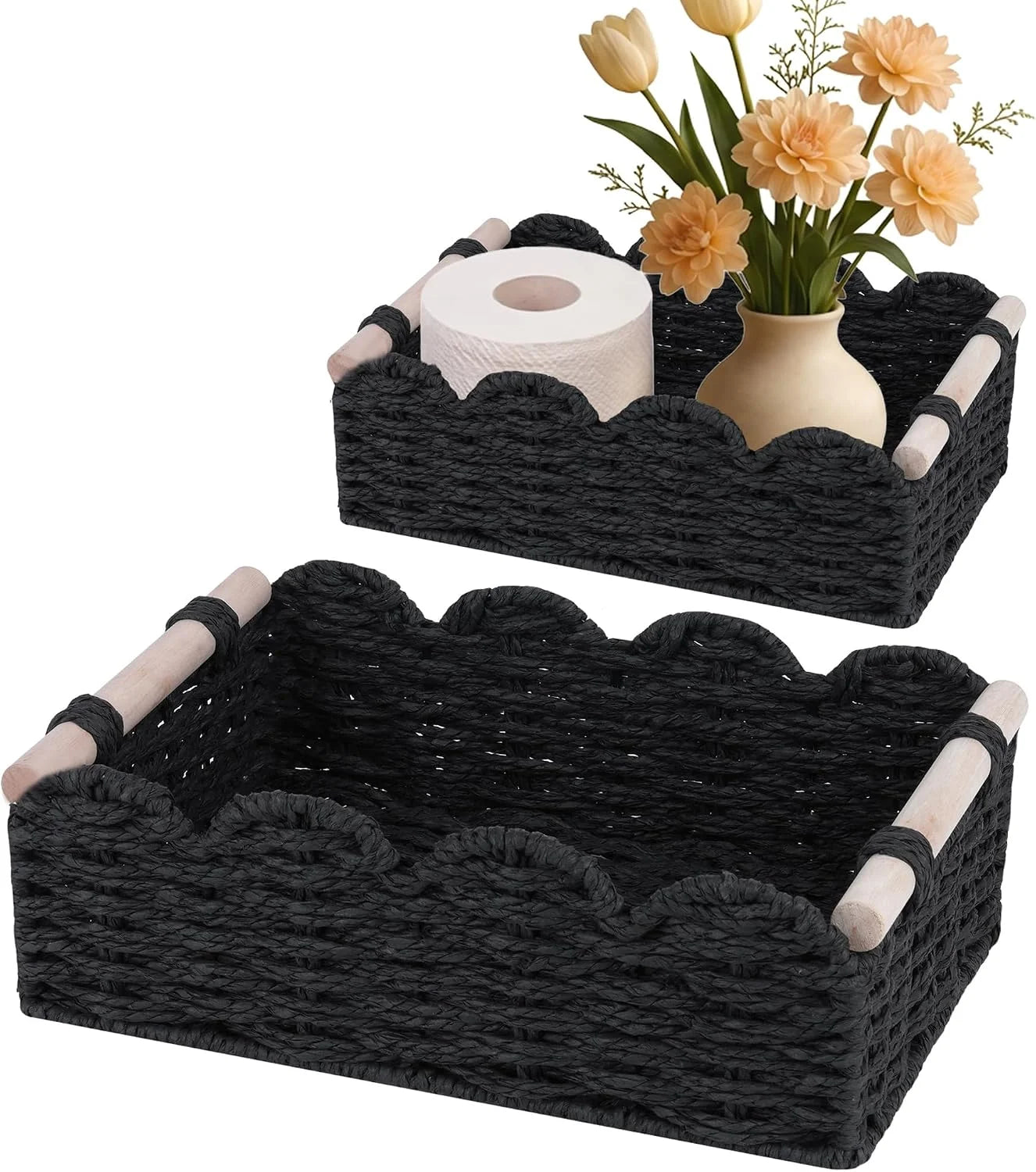 Discount Storage Organizing Baskets, Set of 2 Scalloped Edge Wicker Basket with Wooden Handles Toilet Paper - Image 6