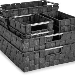 Discount Set of 3 Large Woven Storage Baskets, Mesh Hand-Woven Organizing Baskets, Fabric Storage Bins for Linen