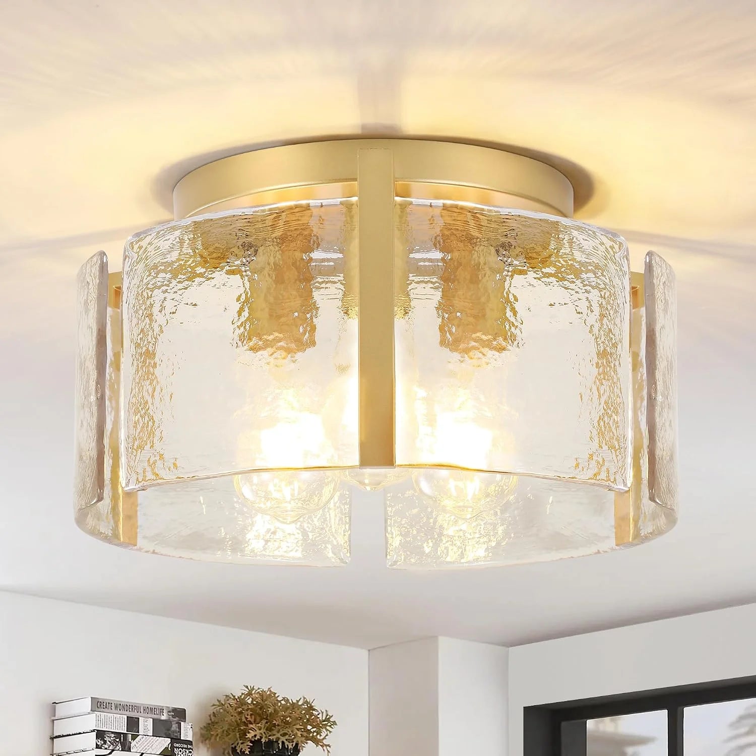 Discount Modern Gold Semi Flush Mount Ceiling Light, Dimmable, 3-Light Farmhouse Glass Drum Light Fixture - Image 5