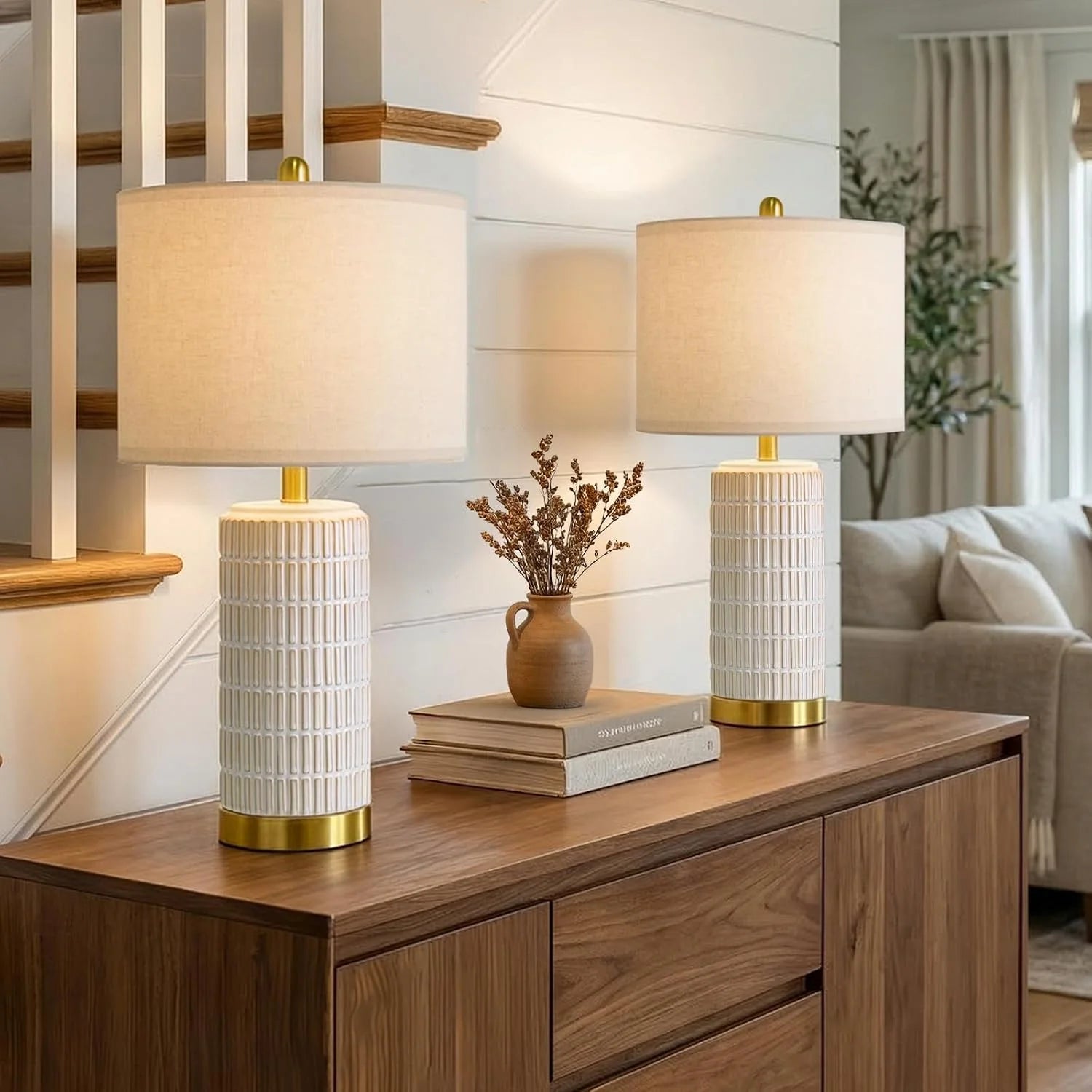 Discount PoKat Small Bedside Table Lamps Set of 2 for Bedroom Living Room, 21.5" Modern Ceramic Nightstand Lamps with Gold Base - Image 4