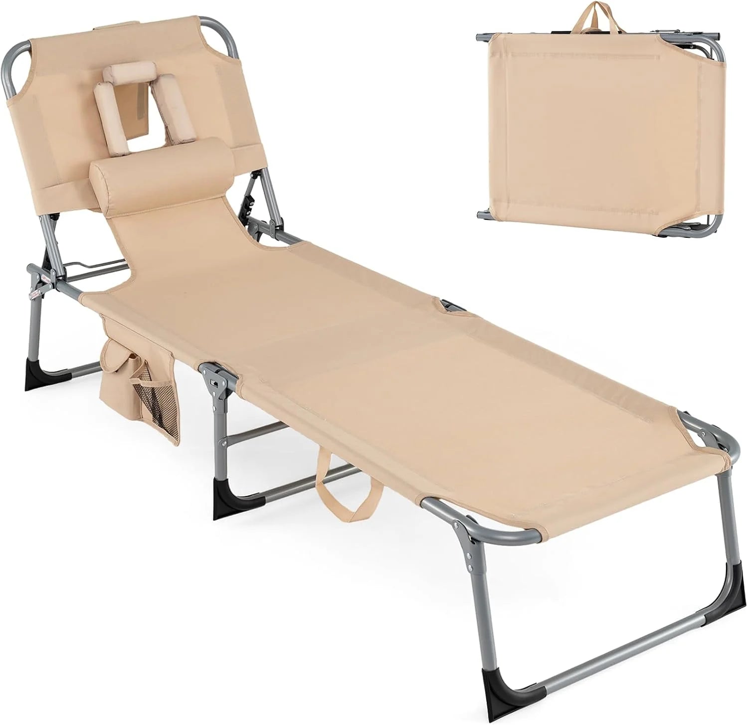 Discount Tanning Chair, Folding Adjustable Patio Lounge Chair with Face Hole, 330LBS, Lightweight Portable Beach Lounge - Image 6