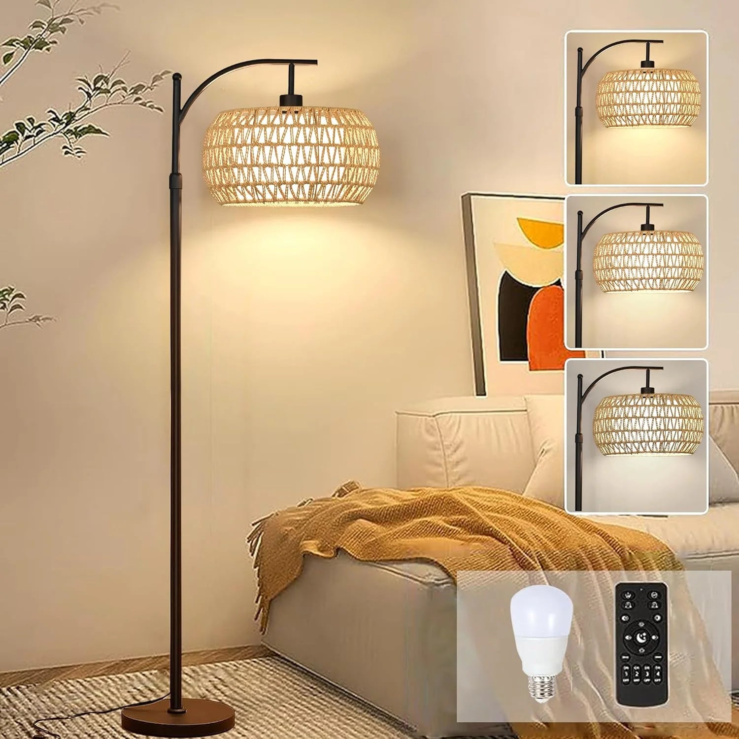Discount Floor Lamp for Living Room Rattan Boho Floor Lamp with Remote Control, Dimmable, 3-Color Temperature