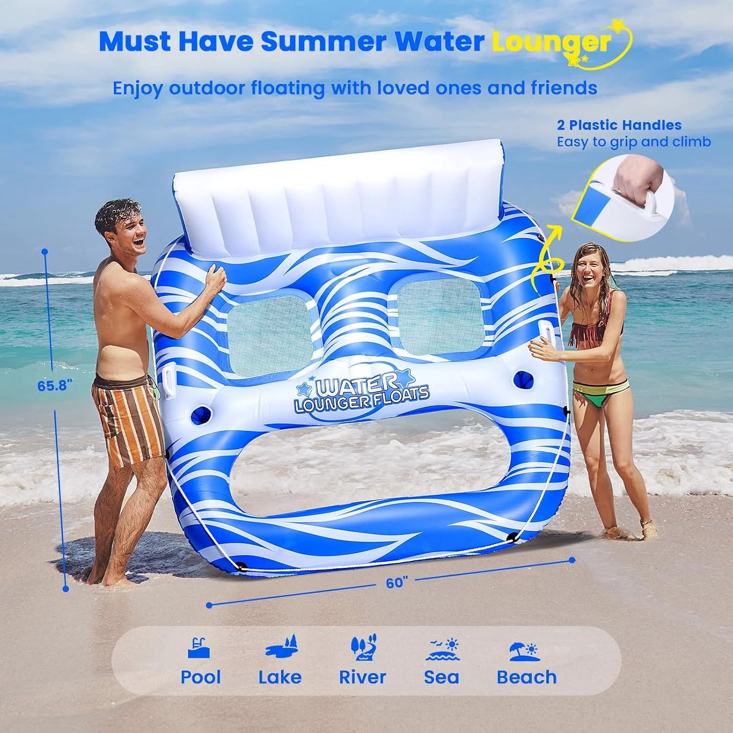 Discount Inflatable Pool Floats Adults, Large Pool Lounger Chair Floaties with Cup Holders Backrest Footrest - Image 2