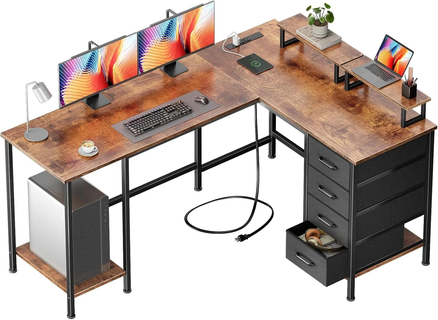 Discount Korfile 59 inch L Shaped Computer Desk with Power Outlets, Home Office Desk with 4 Adjustable Storage Drawers & 2