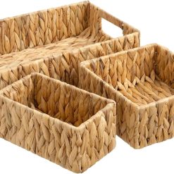Discount Pantry Baskets for Shelves 3 Pack, Rectangular Wicker Basket with Handles, Natural Water Hyacinth